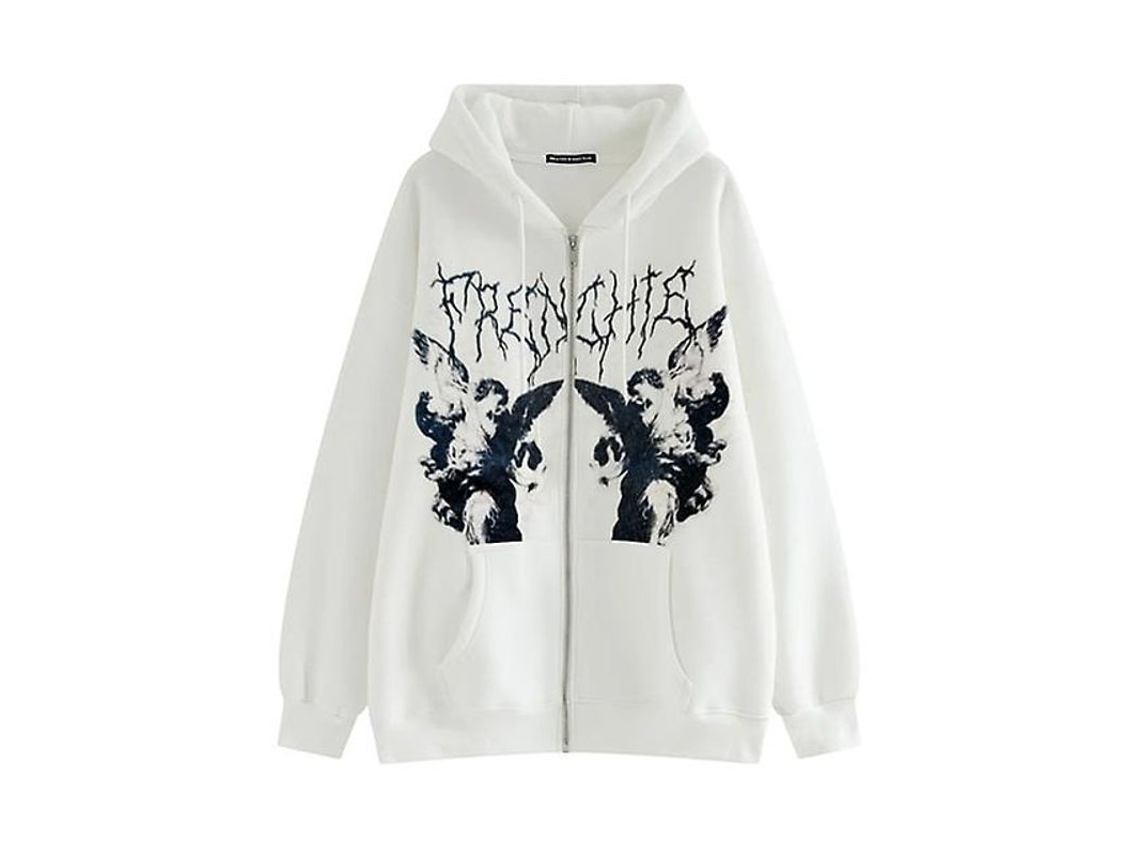 Jaqueta Streetwear Feminina Com Capuz, Gola V, Manga Comprida, Inverno/primavera, Material Poliéster E Lã Branco