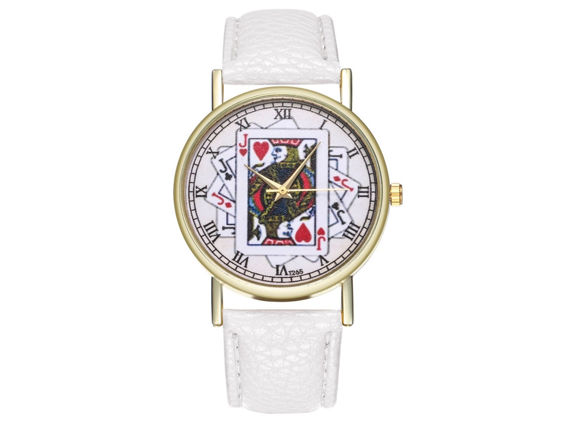 Relógio de pulso de quartzo com mostrador em formato de carta de baralho e pulseira de couro para mulheres e homens (branco)