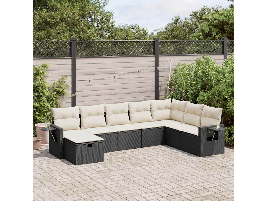 Vidaxl 8 Pcs Conjunto Sofás De Jardim Com Almofadões Vime Pe Preto