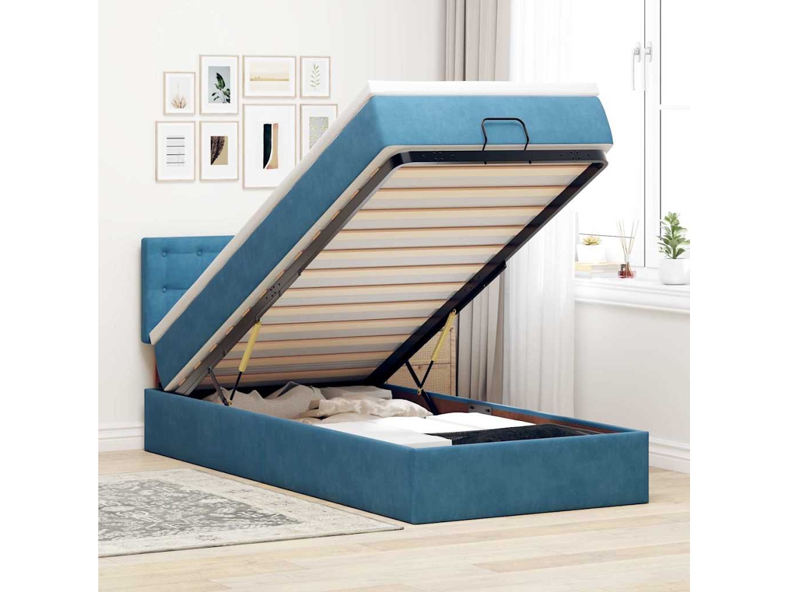 Estrutura De Cama Otomana Com Colchão Azul Escuro Veludo