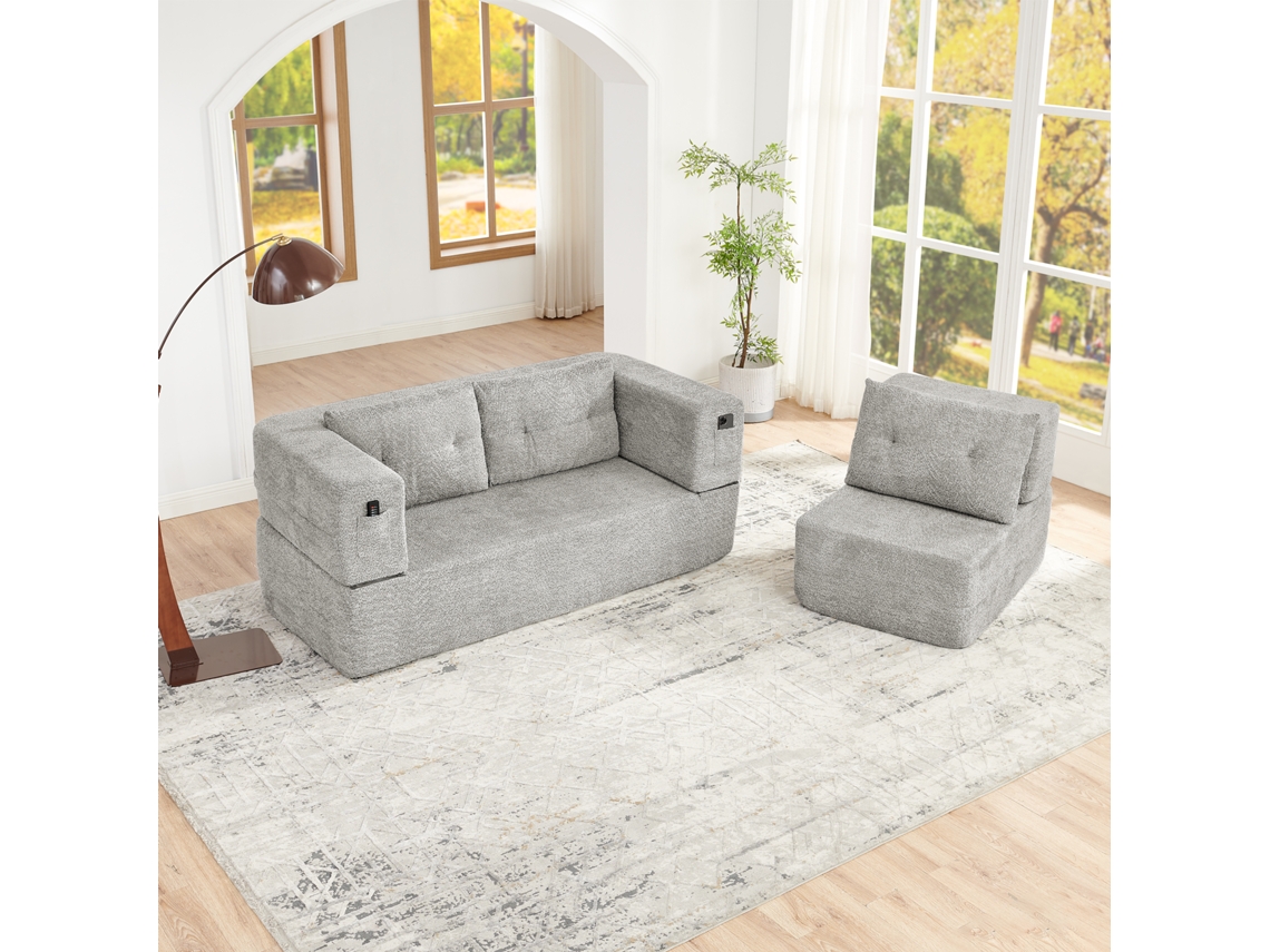 Sofá Modular Nuvem Com Poltrona, Sofá-cama Dobrável, Cama Para Hóspedes E Sofá Chão, Com Bolsos Laterais Para Celular E Controle, Cinza Claro.