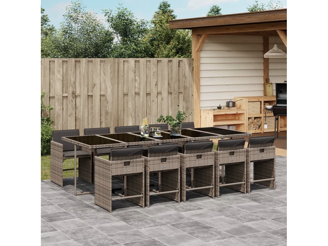 Vidaxl 11 Pcs Conjunto Jantar P/ Jardim C/ Almofadões Vime Pe Cinzento