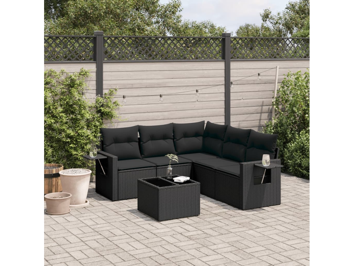6 Pcs Conjunto Sofás De Jardim C/ Almofadões Vime Pe Preto Dkd Home Decor