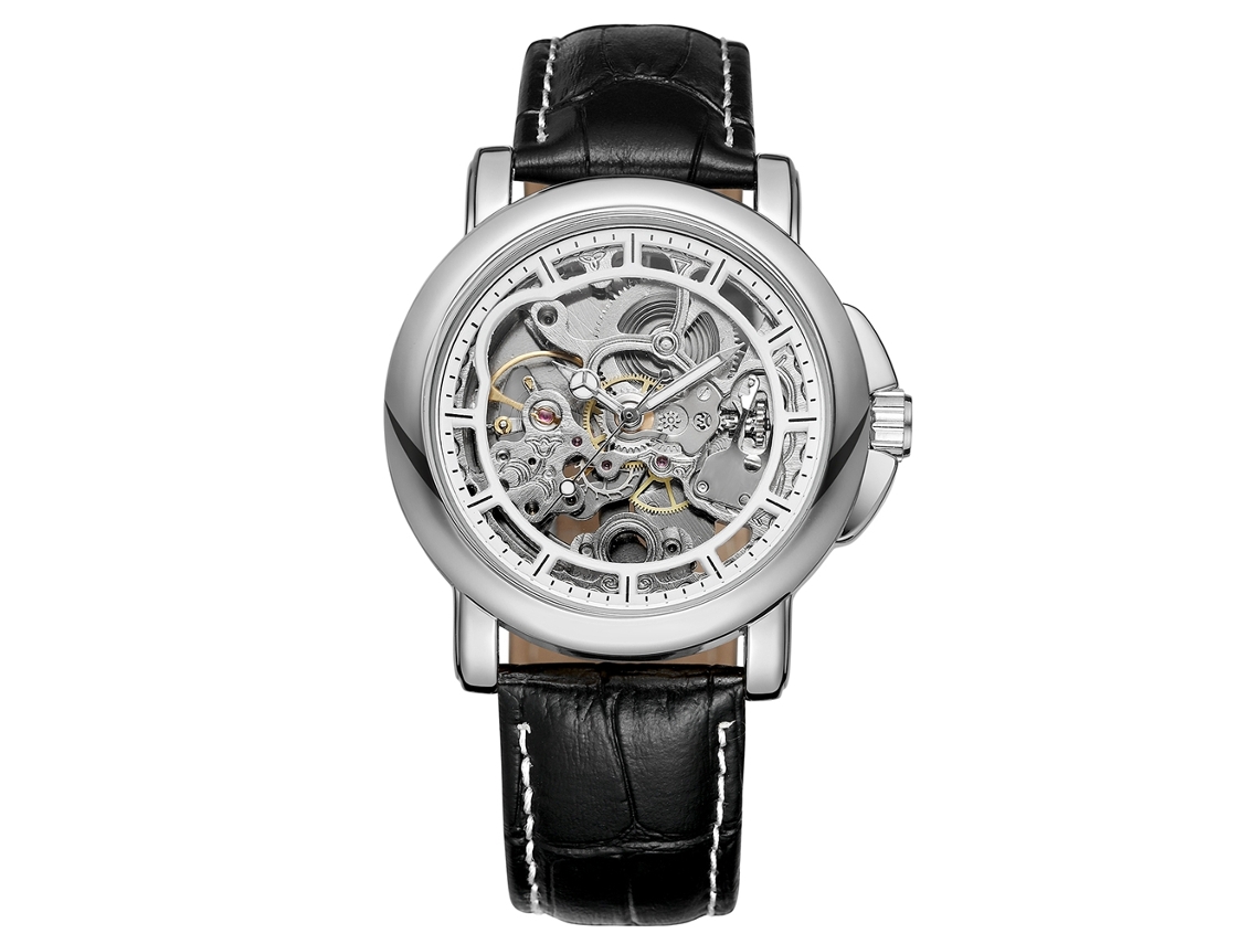 Reloj Mecánico Automático De Moda Con Correa De Cuero Pu Para Hombre (plata Negro)
