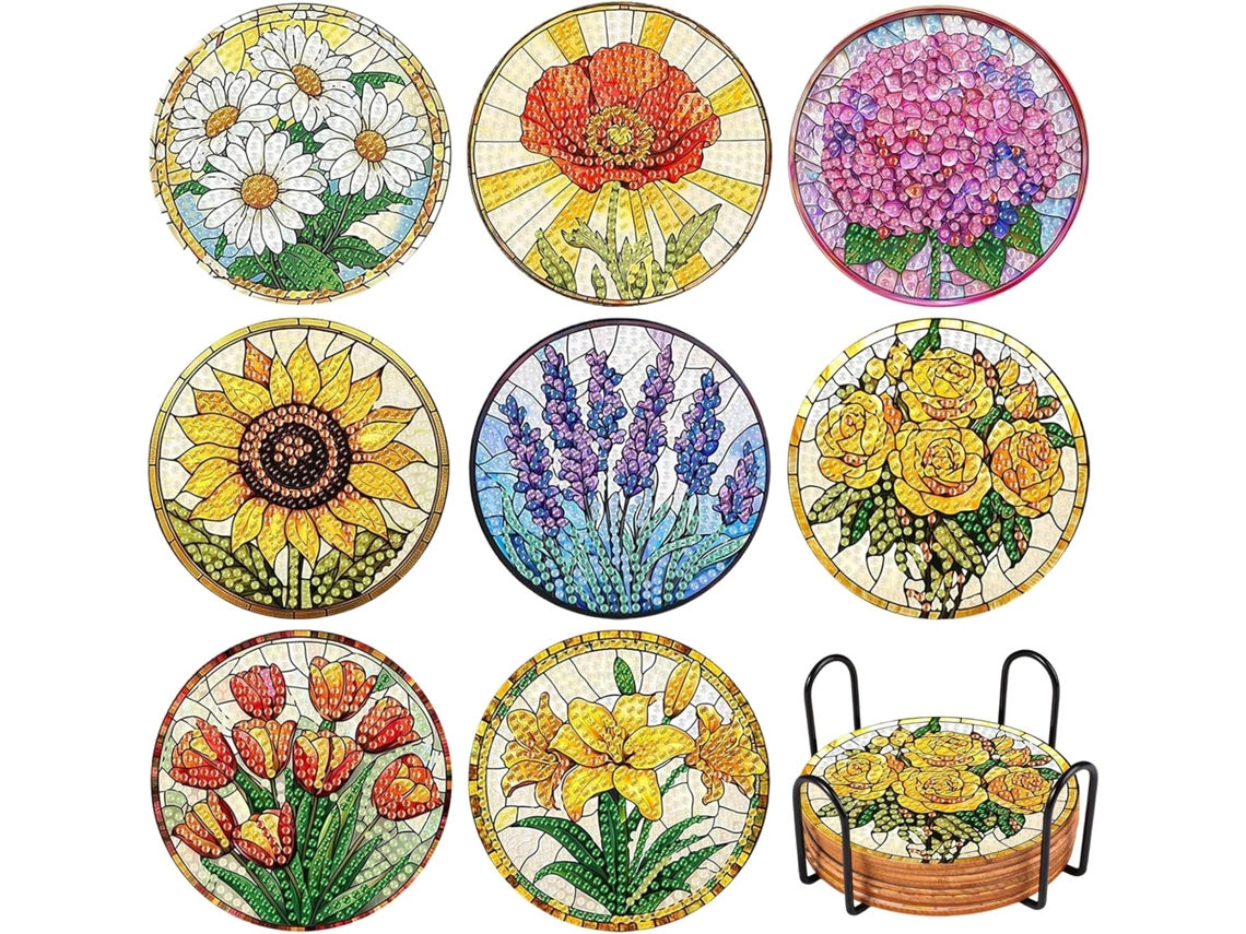 Conjunto 8 Bases Diamond Painting – Posavasos Com Suporte – Diy – Várias Cores