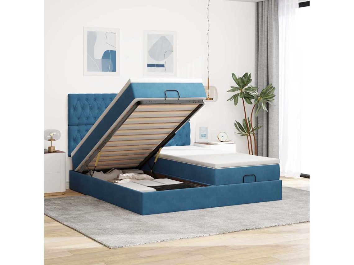 Estrutura De Cama Otomana Com Colchão Azul Escuro Veludo