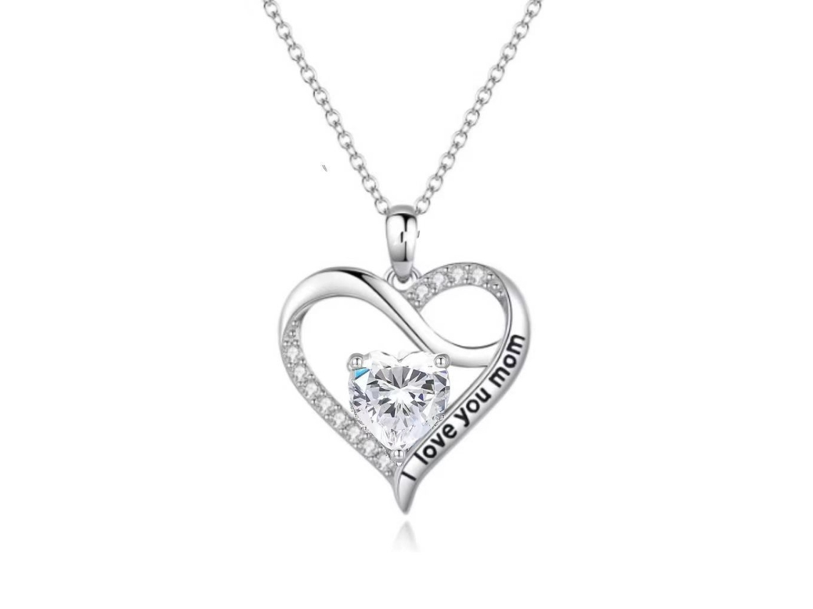 Colar Pingente Coração Gravado "i Love You Mom", Prata Com Zircônia Branca, Prenda Especial Para O Dia Da Mãe