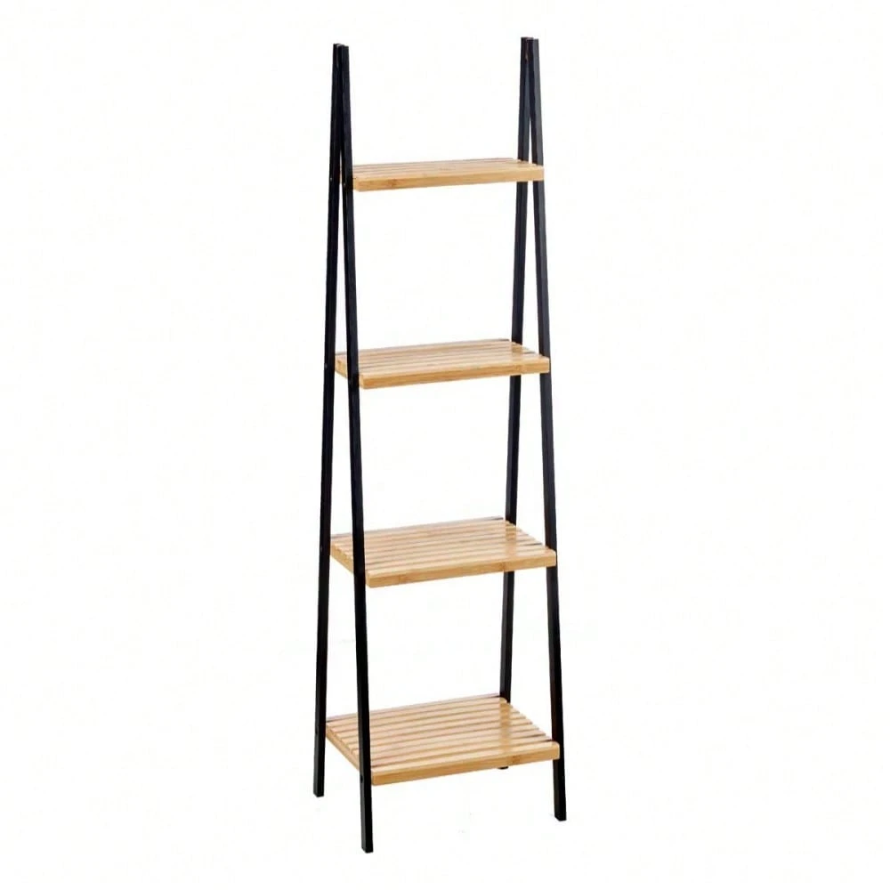 Estante Banheiro Escada 4 Prateleiras Bambu Madeira Organizador Toalhas 40 Cm Preto Natural