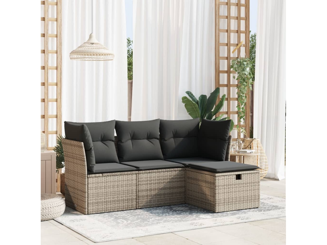 Vidaxl 4 Pcs Conjunto Sofás De Jardim C/ Almofadões Vime Pe Cinzento