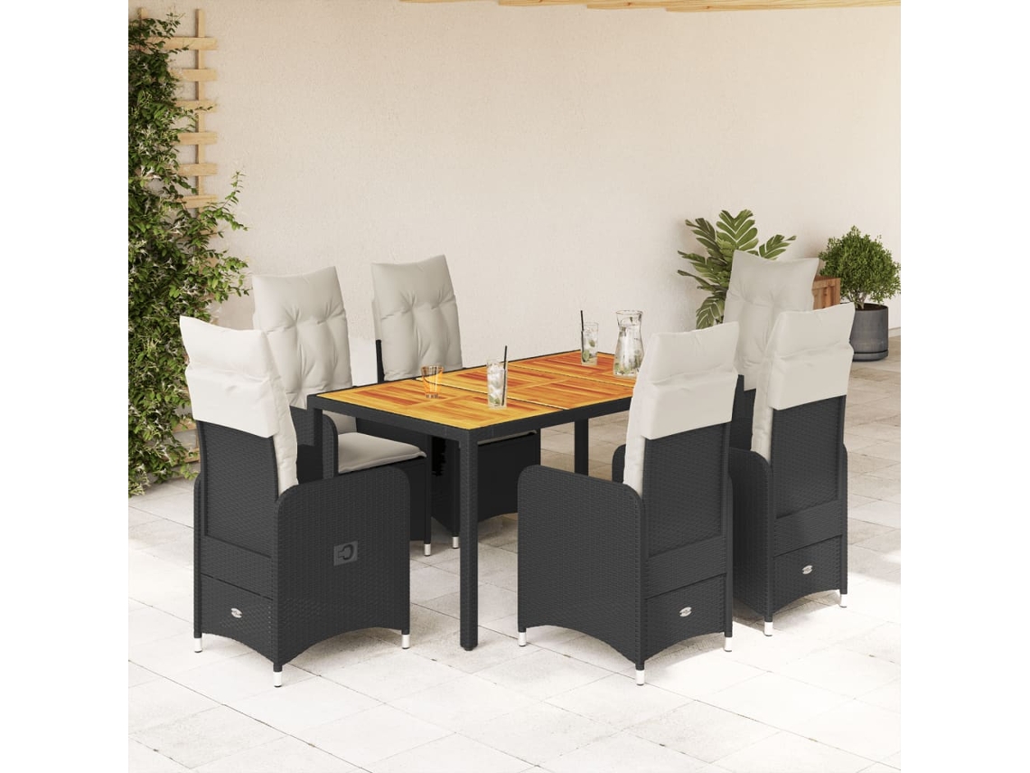 Vidaxl 7 Pcs Conjunto De Bistrô P/ Jardim C/ Almofadões Vime Pe Preto