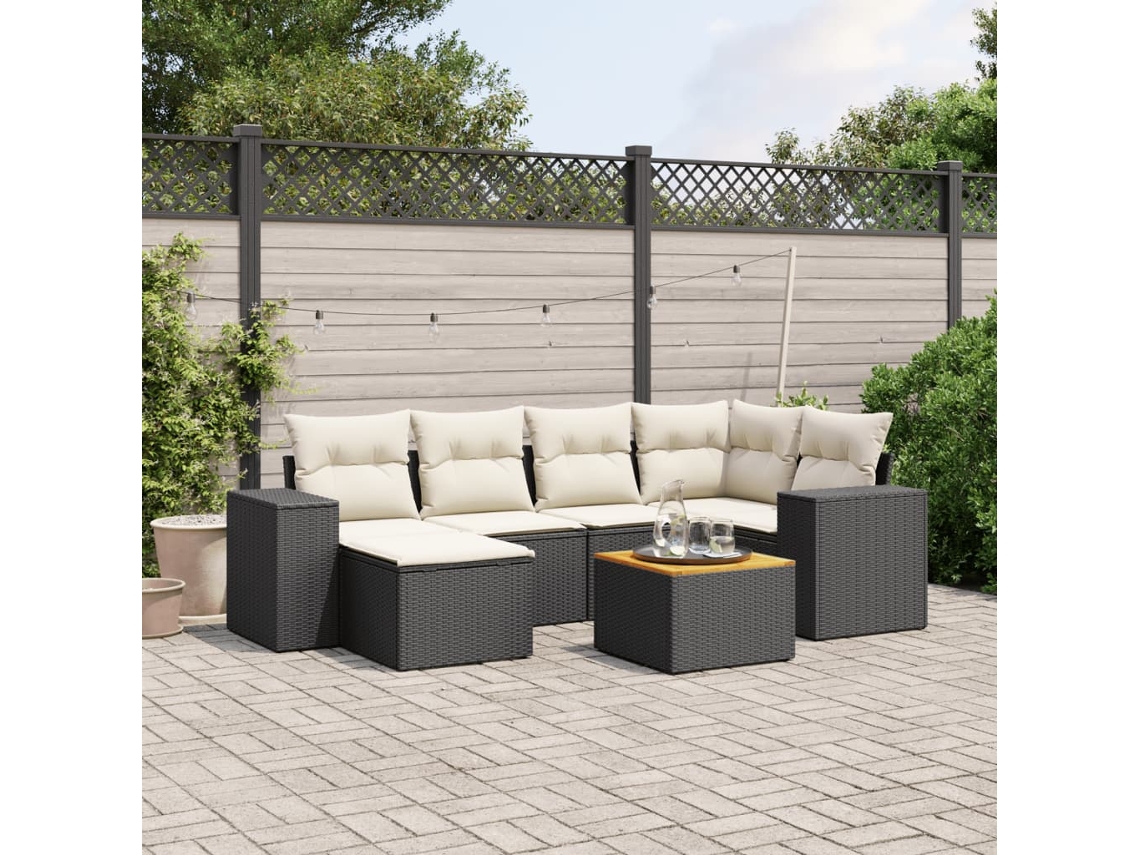Vidaxl 7 Pcs Conjunto De Sofás P/ Jardim C/ Almofadões Vime Pe Preto