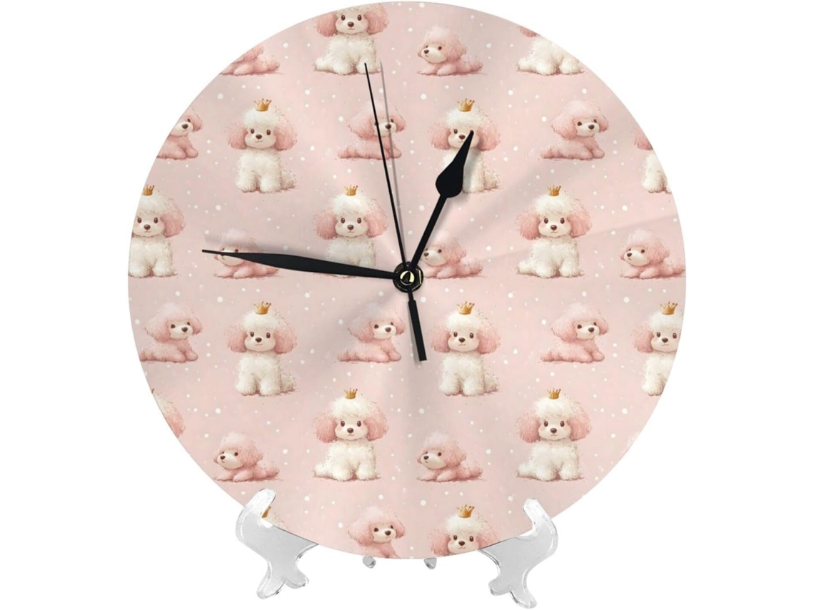 Relógio De Parede A Pilha, 25cm, Com Design De Cachorrinho Coroado, Rosa E Branco, Moderno E Silencioso, Sala De
