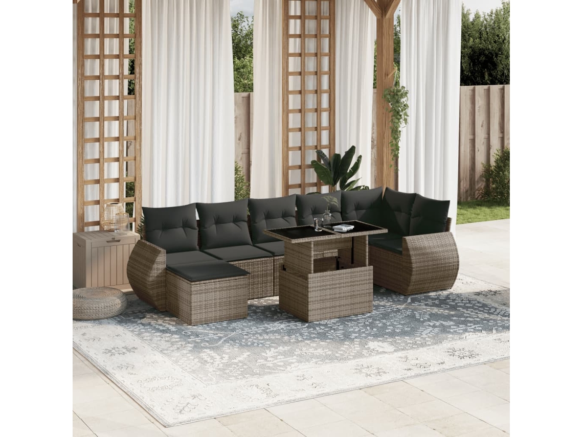 8 Pcs Conjunto Sofás De Jardim C/ Almofadões Vime Pe Cinza Dkd Home Decor