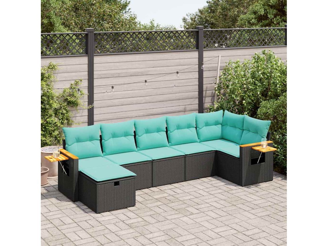 Vidaxl 7 Pcs Conjunto De Sofás P/ Jardim C/ Almofadões Vime Pe Preto