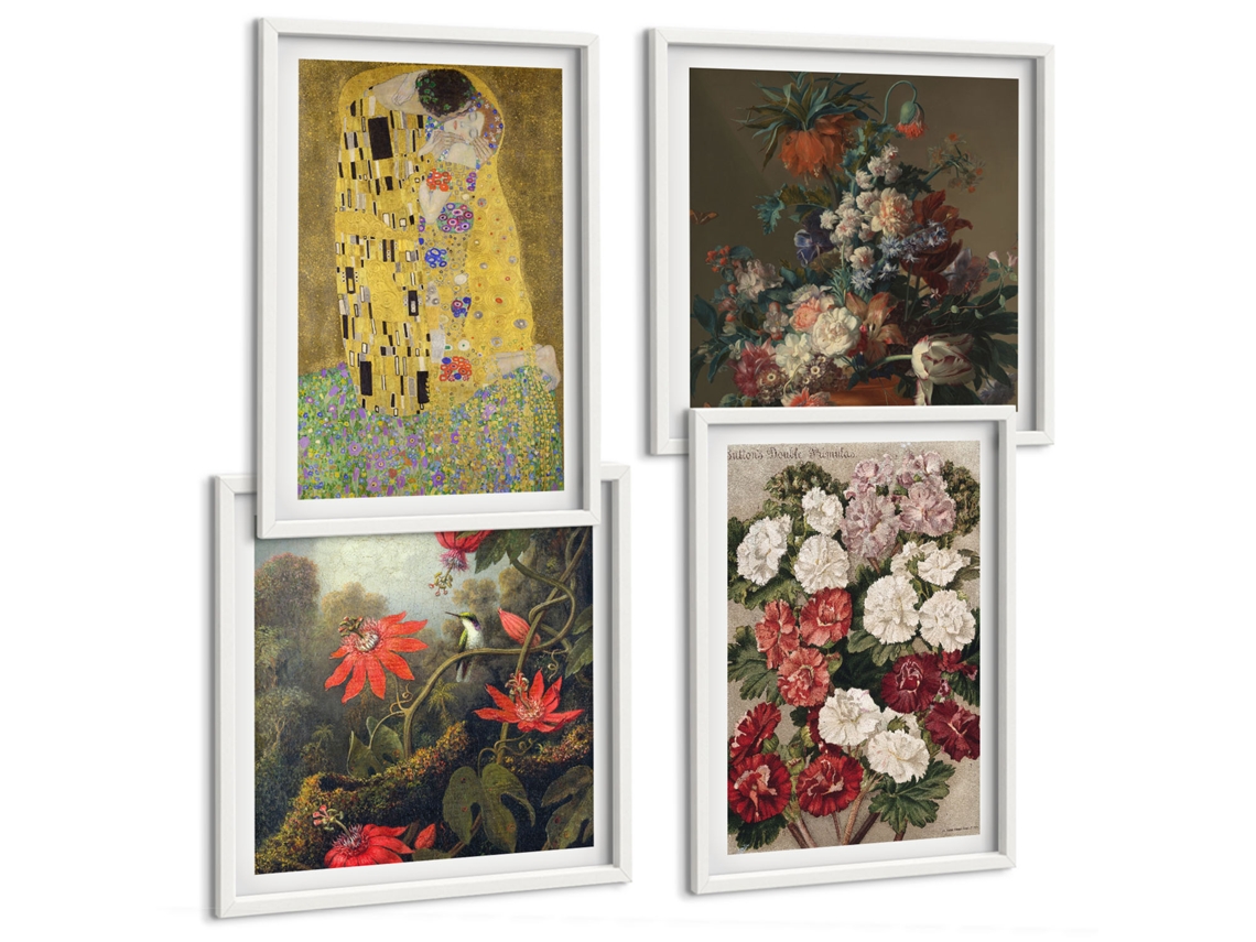 Composição De Quadros Na Parede Flores, Árvores, Pintura, Klimt Moldura Branca Quadros Para A Sala De Estar Espelharte (conjunto De 4 Imagens)