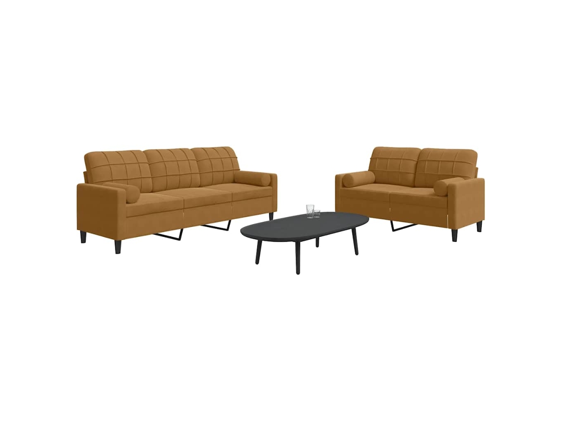 2 Pcs Conjunto de Sofás com Almofadões e Rolos Veludo Castanho SYFAX