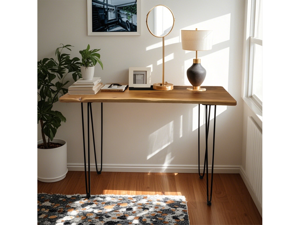 Mesa De Centro Retangular Maciça 108 Cm, Estilo Industrial Com Pés De Metal Hairpin.