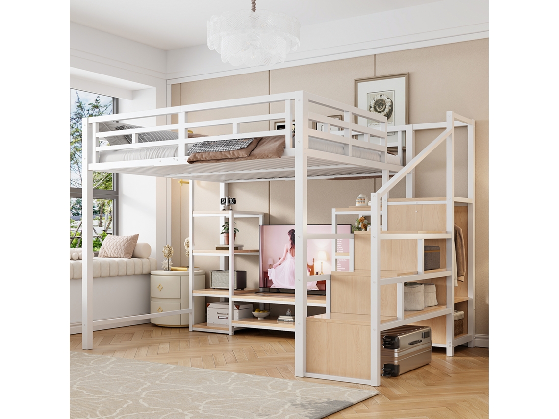 Beliche 140x200 Suporte Tv Tomada Escada Segurança Metal Madeira Branco