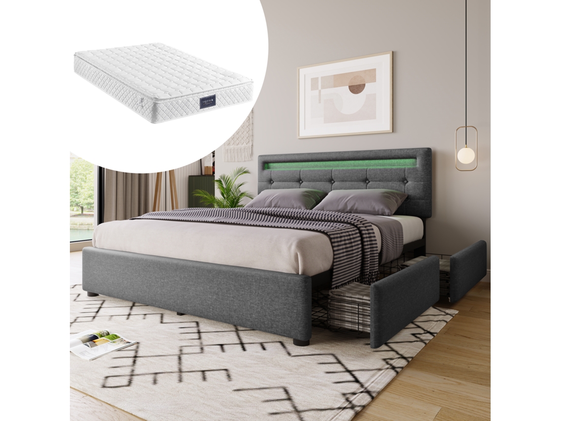 Caixilharia Com Led E 4 Gavetas, Incluindo Colchão, Cama De Casal Estofada Cama 140x200cm, Cinzento