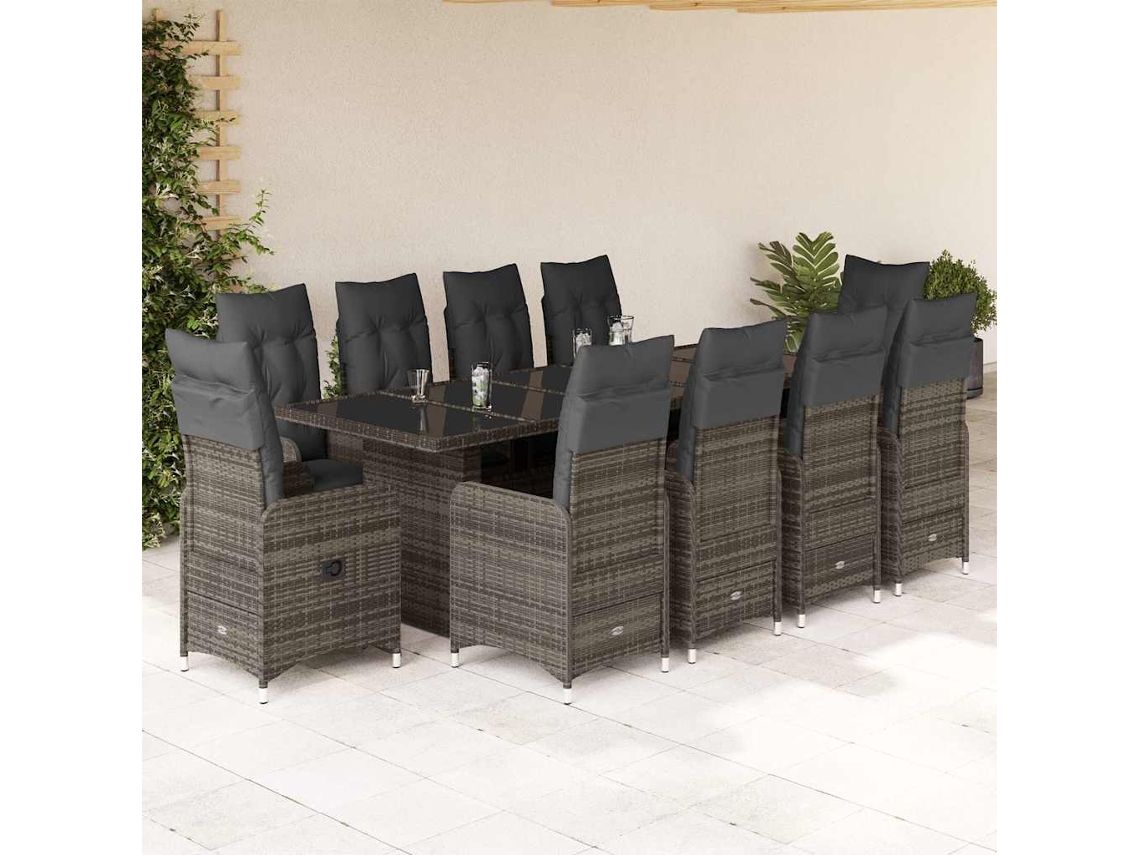 Vidaxl 11 Pcs Conjunto Bistrô De Jardim C/ Almofadões Vime Pe Cinzento