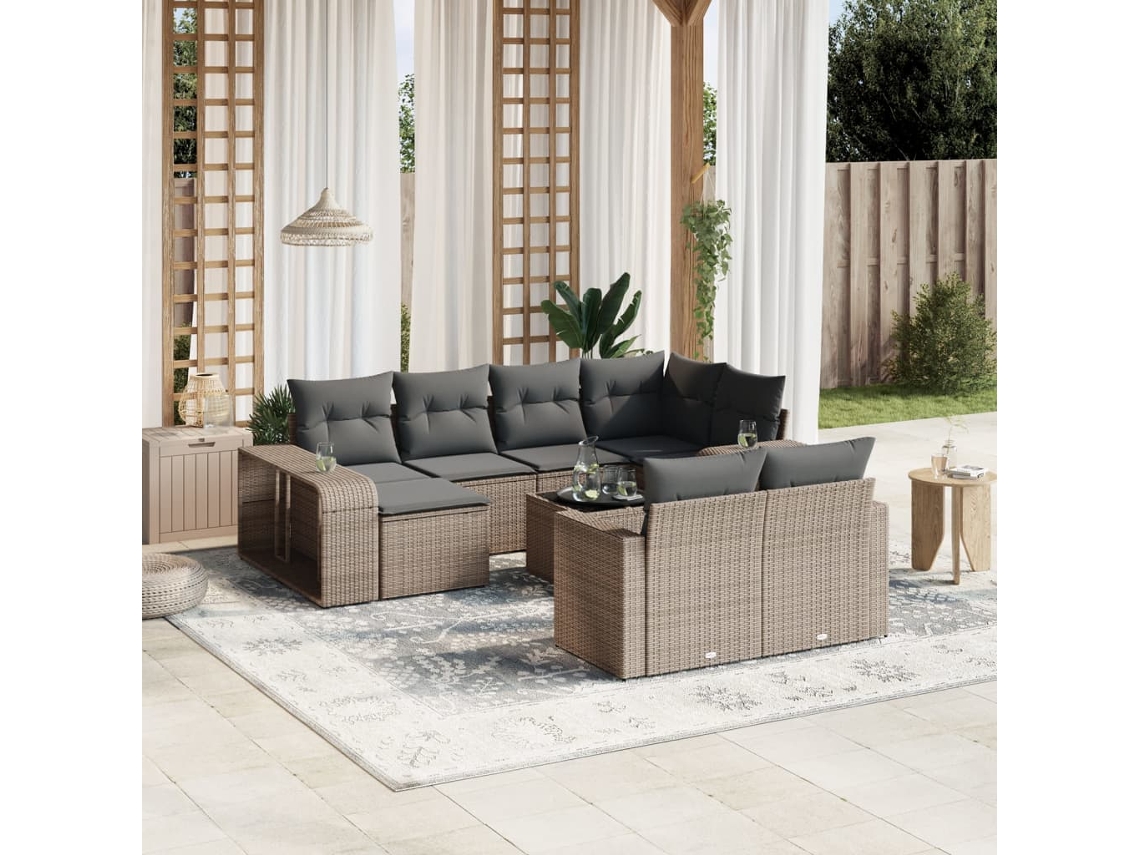 Vidaxl 11 Pcs Conjunto Sofás De Jardim C/ Almofadões Vime Pe Cinzento