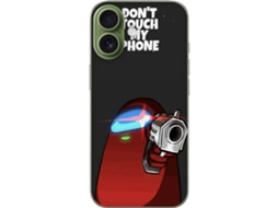Capa Para Celular Compatível Com Apple Iphone 17. Desenho Animado De Uma Figura Vermelha Apontando Uma Arma Com Texto De Advertência Acima. Estampa Fo