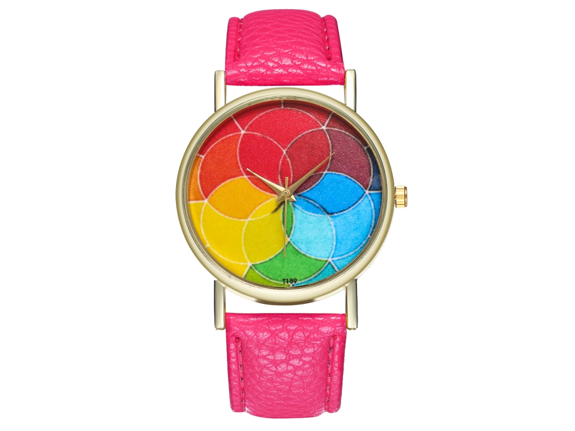 Relógio de quartzo unissex casual e moderno com pulseira de couro rosa e vermelha.
