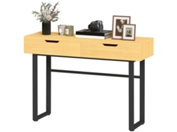Mesa De Consola Estreita 120cm Com 2 Gavetas E Design Sem Alças, Estrutura Metálica Em Madeira Natural