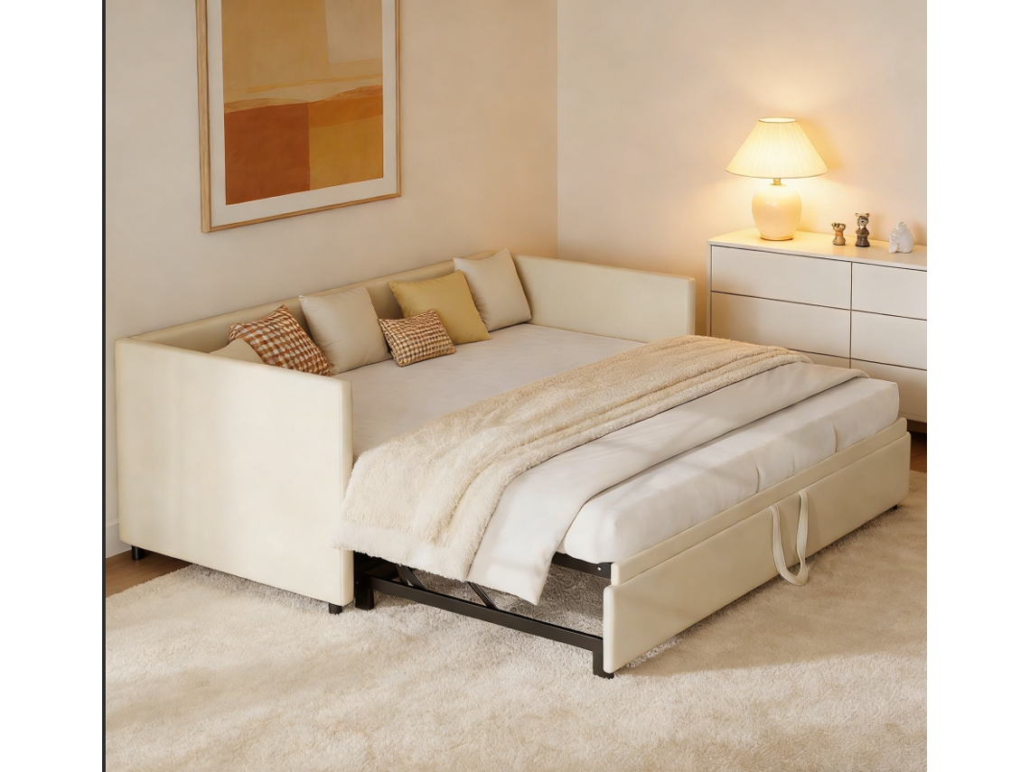 Sofá Cama Convertível 90/180 X 200cm, Sofá Cama Extensível Estofado Sofá Cama Dobrável Multifuncional Em Veludo, Beige (sem Colchão)
