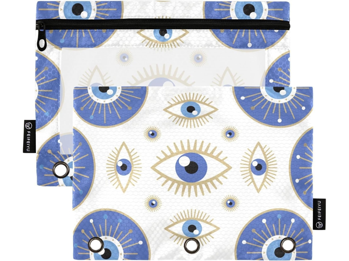 Pasta De 3 Anéis Azul Estilo Boêmio Com Estampa Olho, Janela Transparente E Datemento Com Zíper, Grande Armazenamento Para
