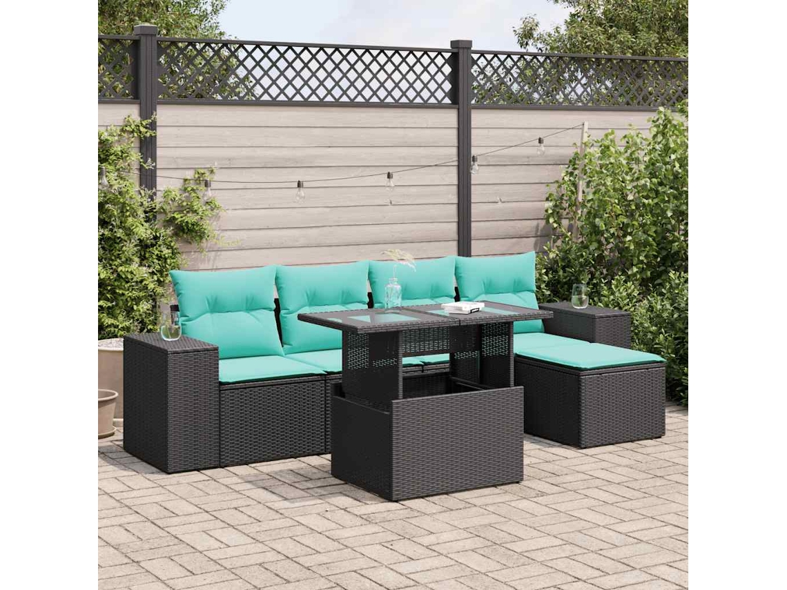 Vidaxl 6 Pcs Conjunto Sofás Jardim C/ Almofadões Vime Pe/acácia Preto