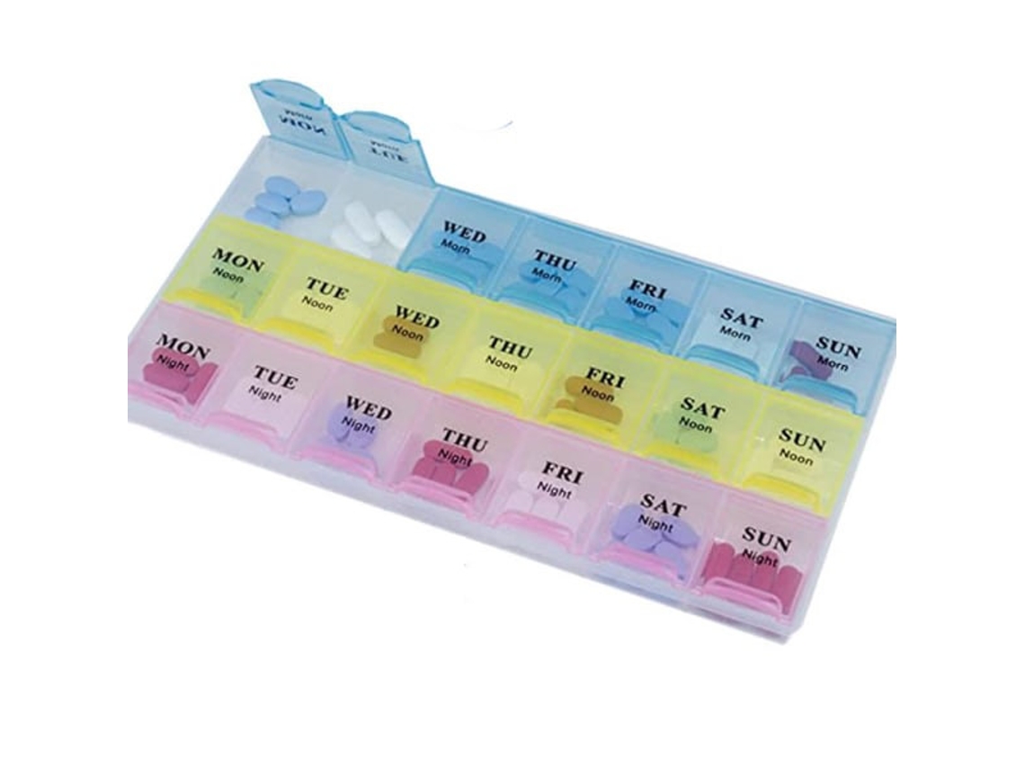 Caixa De Medicamentos Tg Leve E Flexível Com 21 Compartimentos, Para Uso Semanal. Multicolorida. Aquaforge