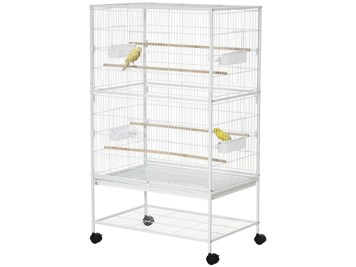 Gaiola Para Pássaros Com Rodas Bandeja Amovível 4 Portas Comedouros E Prateleira De Armazenamento 78x52x132cm Branco