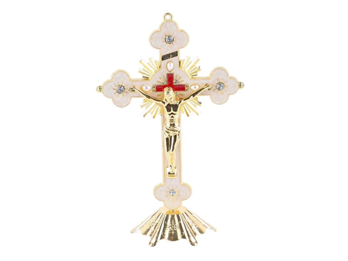 Cruz de Metal com Strass Vermelho para Casa Cristã