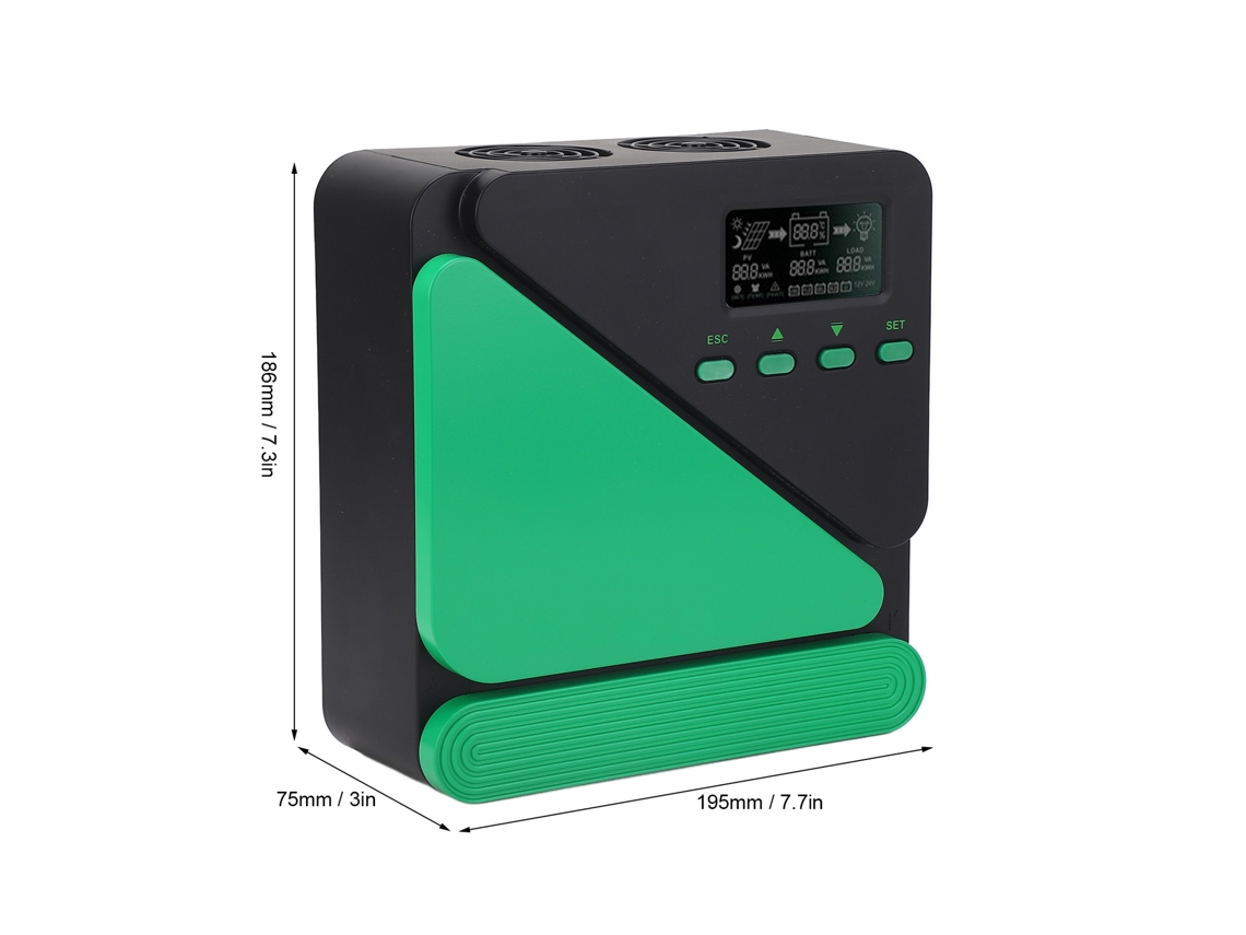 Controlador de carga solar MPPT 12V/24V com display LCD e portas USB 5V 3A 40A.