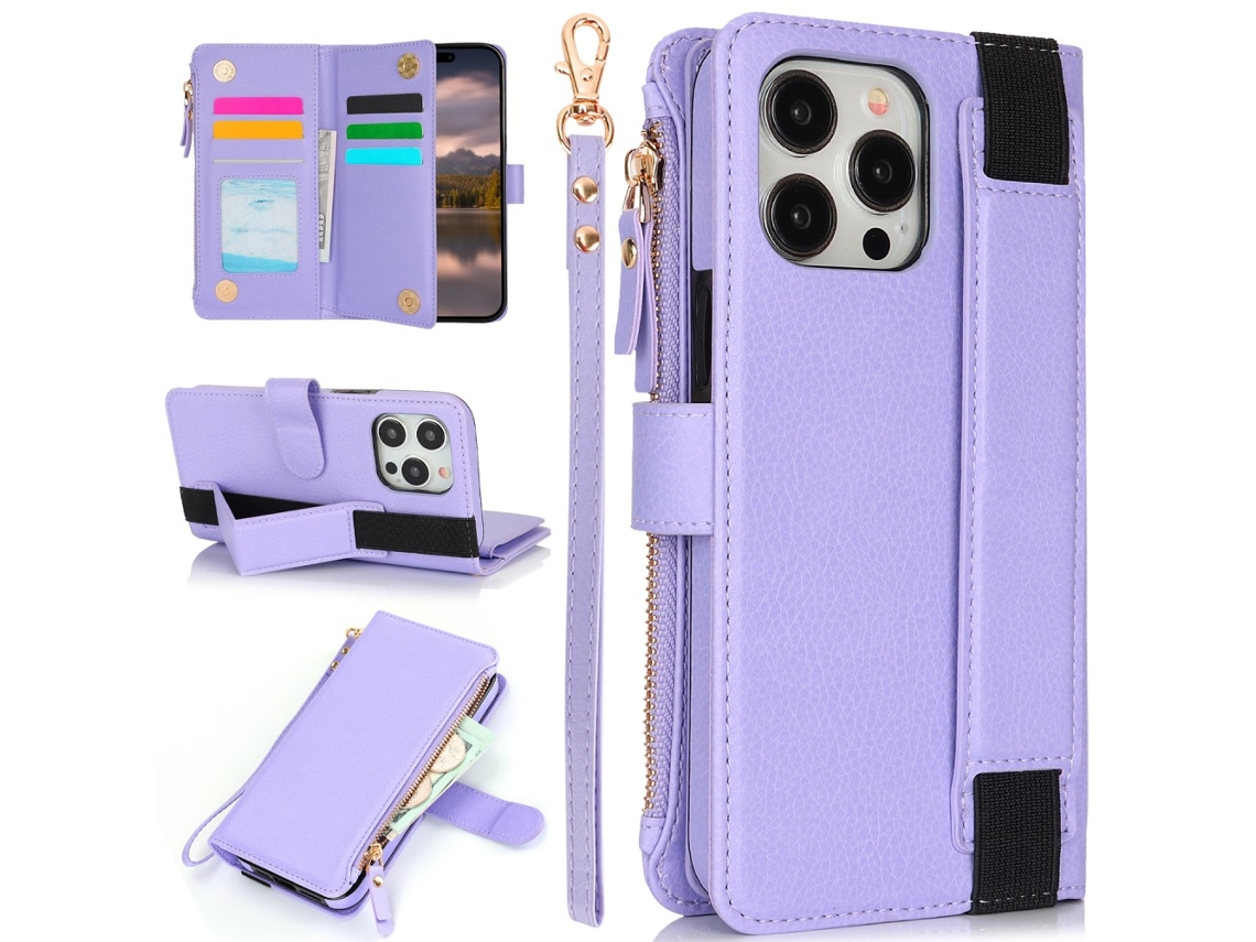 Capa Em Couro Pu Com Suporte Para Apple Iphone 16 Pro, Roxo