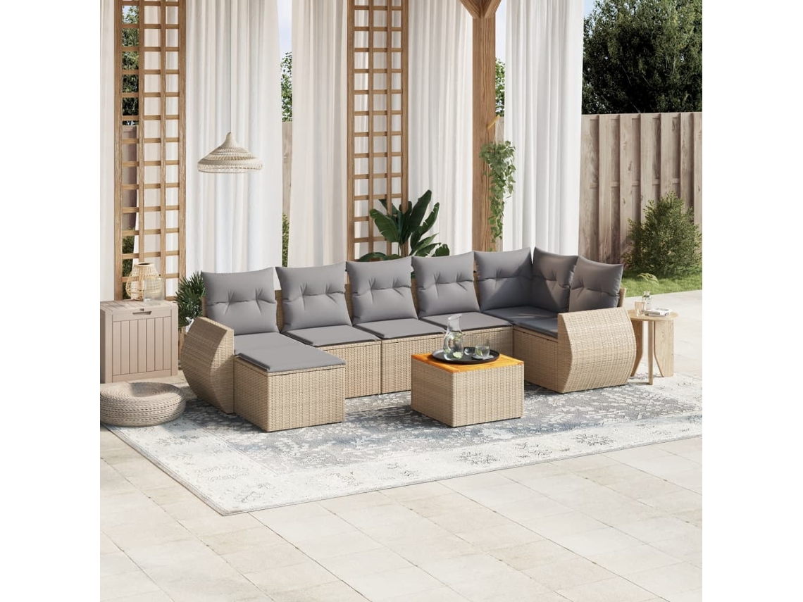Vidaxl 8 Pcs Conjunto De Sofás P/ Jardim Com Almofadões Vime Pe Bege