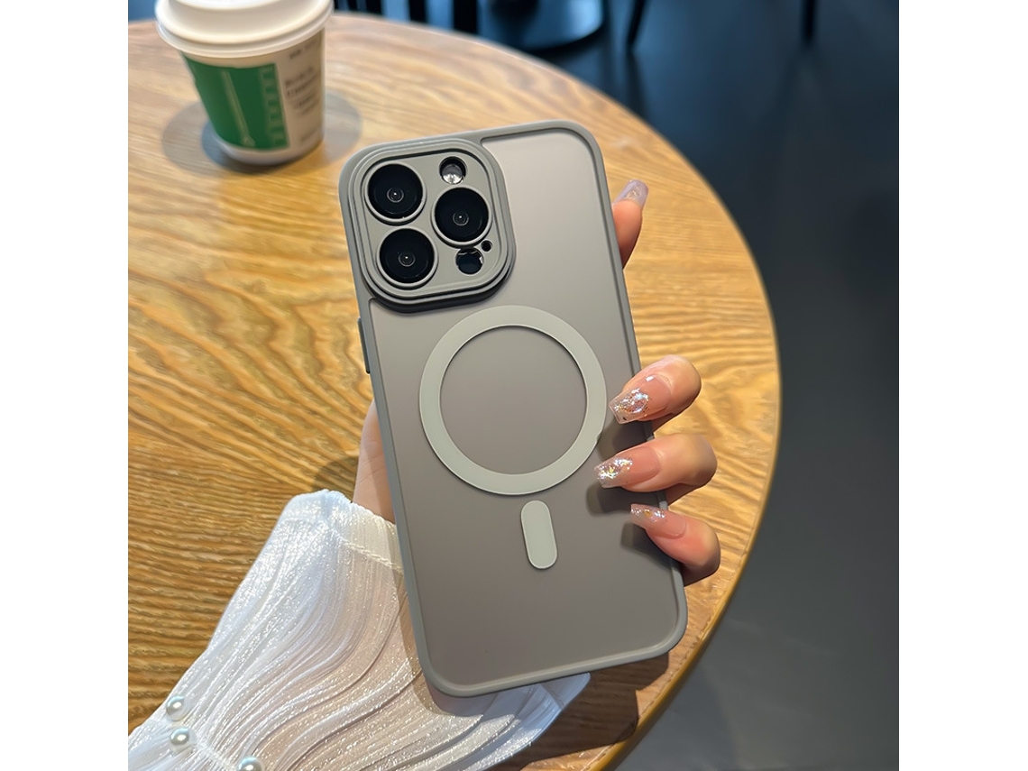 Capa Magnética Para Iphone 17 Pro Max Em Couro Sintético Cinza Com Proteção Para Lente E Anti-impressão Digital.