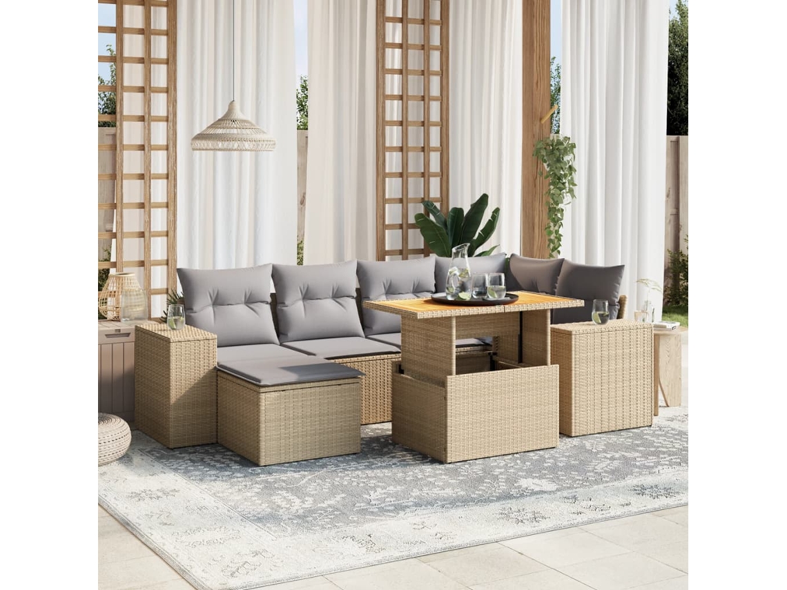 Vidaxl 7 Pcs Conjunto De Sofás P/ Jardim Com Almofadões Vime Pe Bege