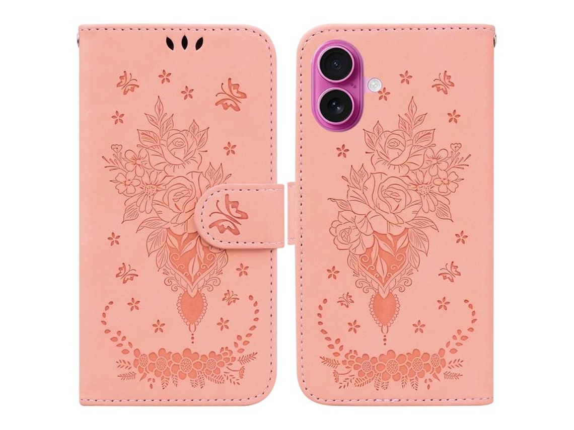 Capa Para Iphone 17 Em Couro Com Estampa De Borboleta E Rosa.