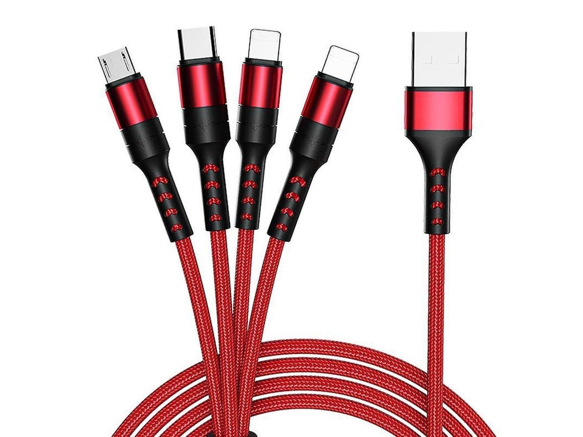 Cabo de Carregamento Múltiplo 4 em 1, Nylon Trançado, com USB Tipo C, Micro Usb, para Celulares e Tablets