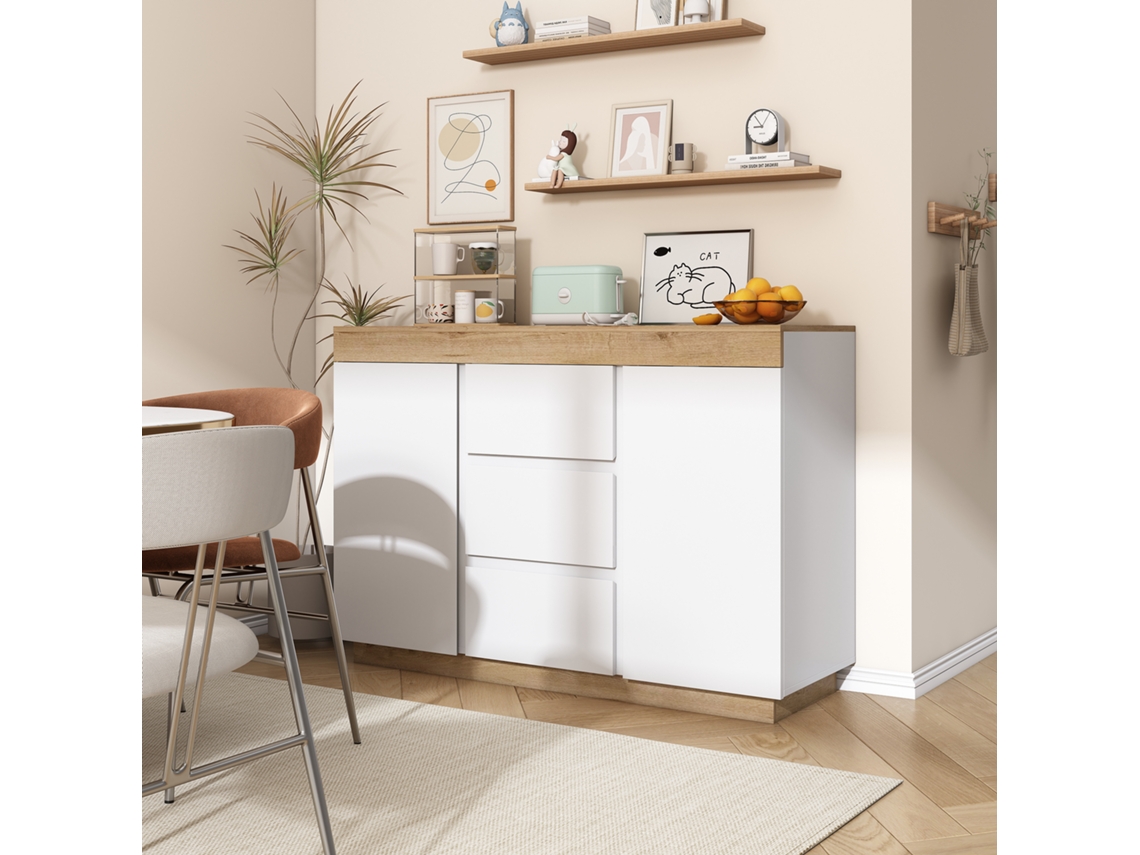 Cômoda Com 3 Gavetas, 2 Portas E Compartimento Com Fechadura, Para Quarto E Sala, Branco E Carvalho