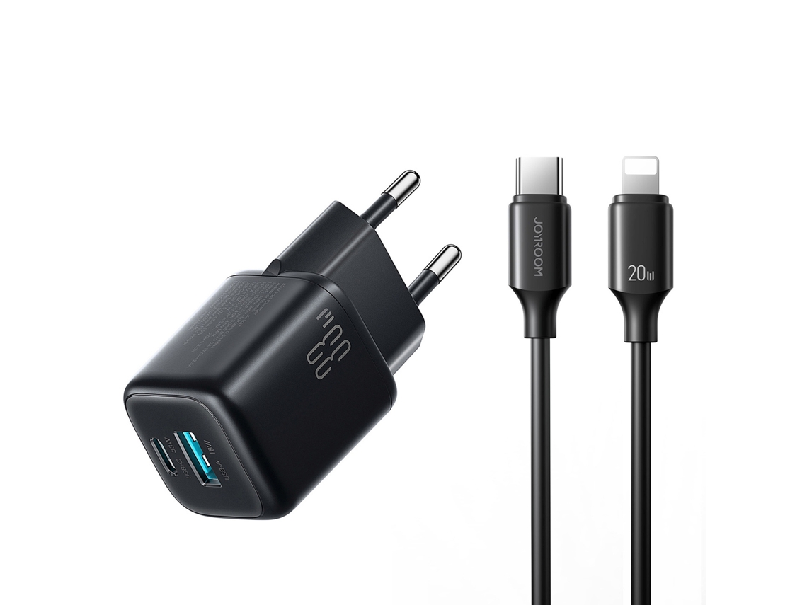 Carregador USB-C JOYROOM de 33W com cabo Lightning para iPhone, preto