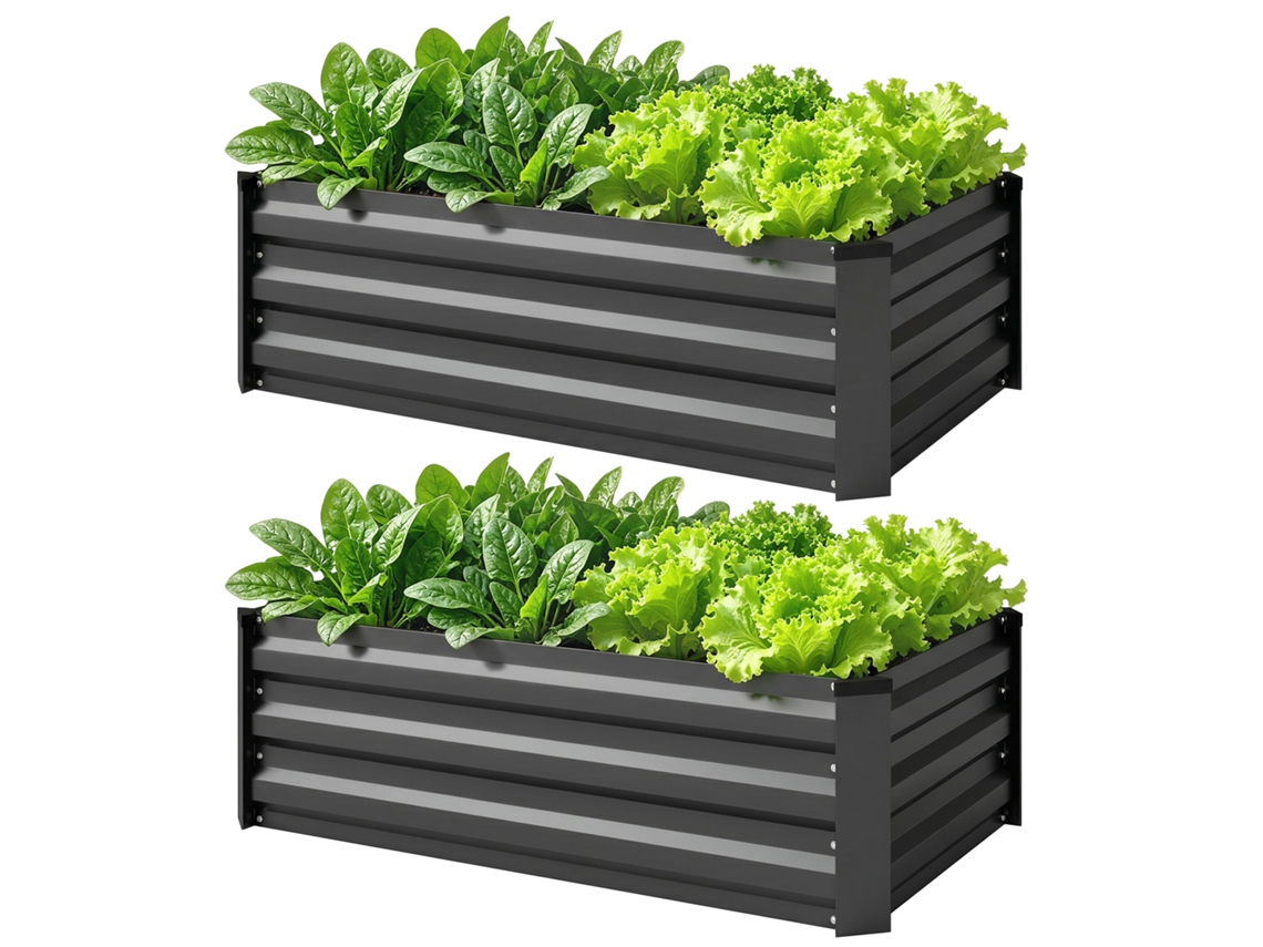 Conjunto De 2 Canteiros Elevados Para Horta Com Fundo Aberto Em Aço Galvanizado, 100x60x30cm, Cinza