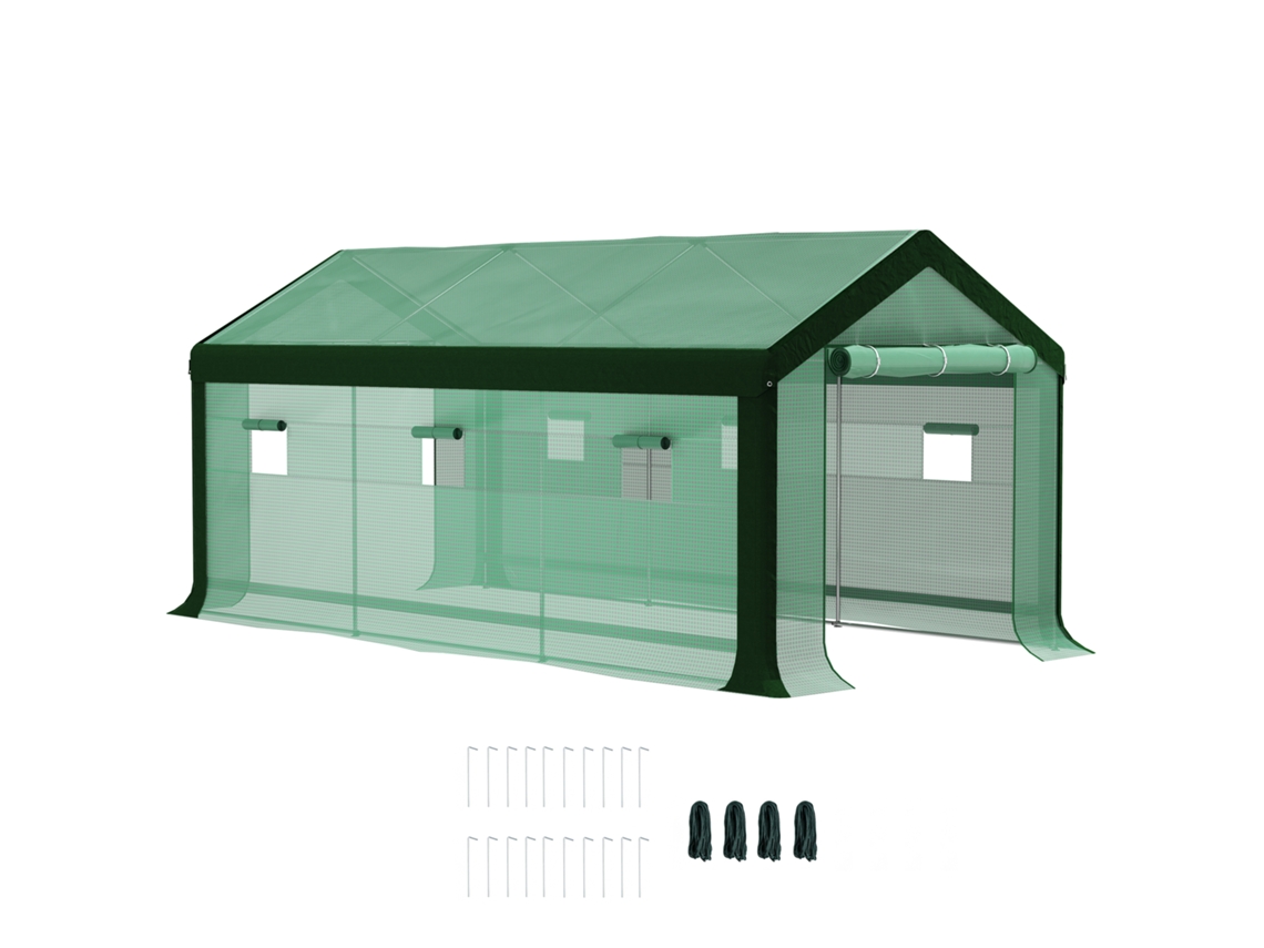 Estufa Túnel Verde 6x3x2,8m Exterior, 6 Janelas, Cobertura Pe Anti uv e 2 Portas Enroláveis com Fecho para Cultivo no Jardim.