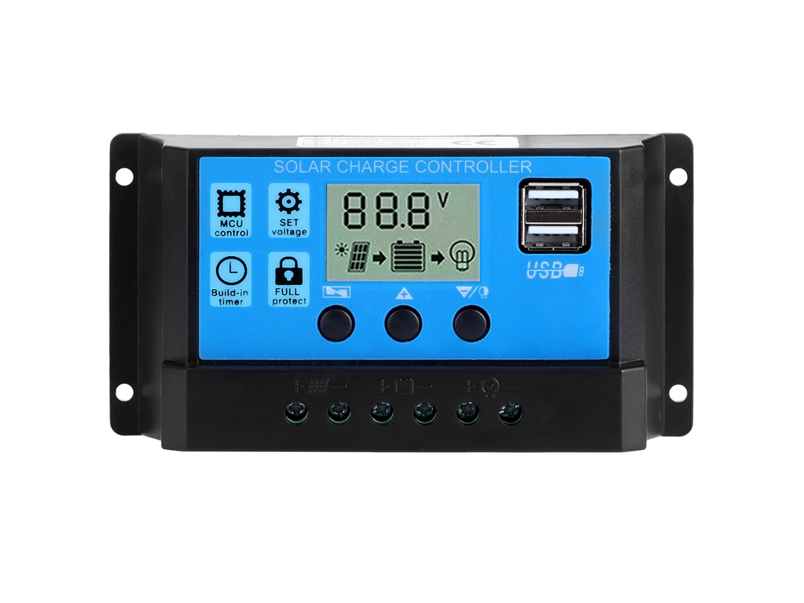 Controlador solar de 50A (com ajuste PWM automático, display LCD e duas saídas USB de 5V)