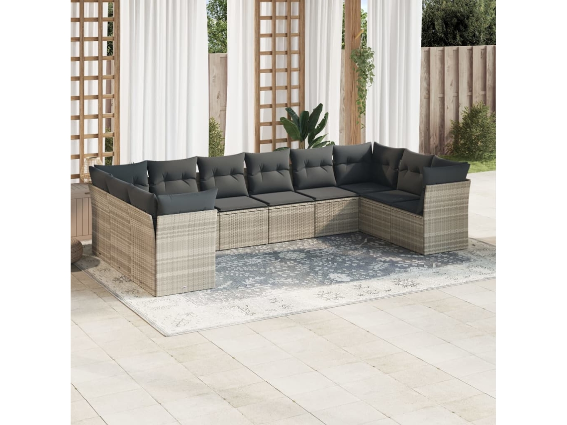 Vidaxl 10 Pcs Conj. Sofás Jardim com Almofadões Vime Pe Cinzento claro
