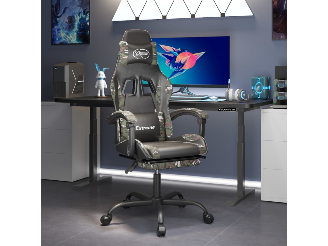 Vidaxl Cadeira Gaming Giratória + Apoio Pés Couro Art. Preto/camuflado