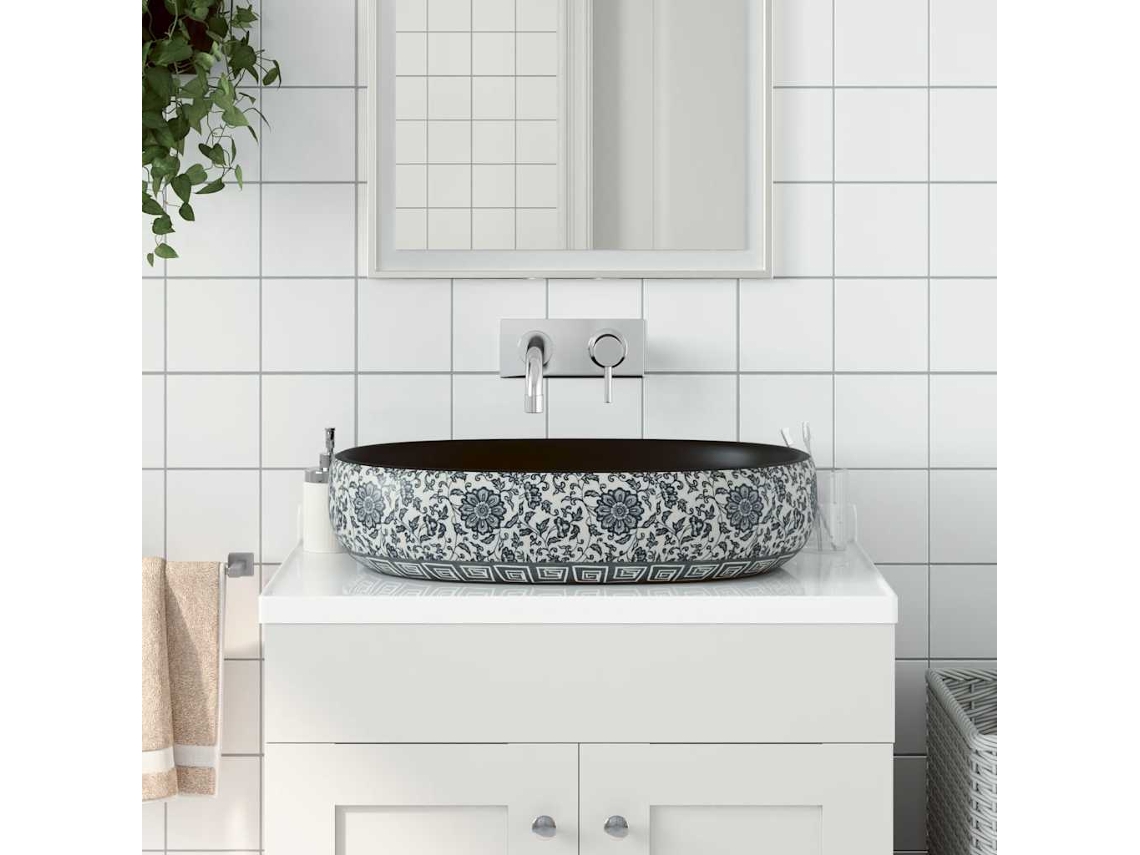 Vidaxl Lavatório De Bancada Oval 59x40x14 Cm Cerâmica Preto E Azul