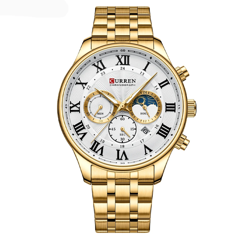 Relógio Cronógrafo Esportivo Masculino (dourado), Relógio De Luxo Em Aço Inoxidável Com Luminescência.